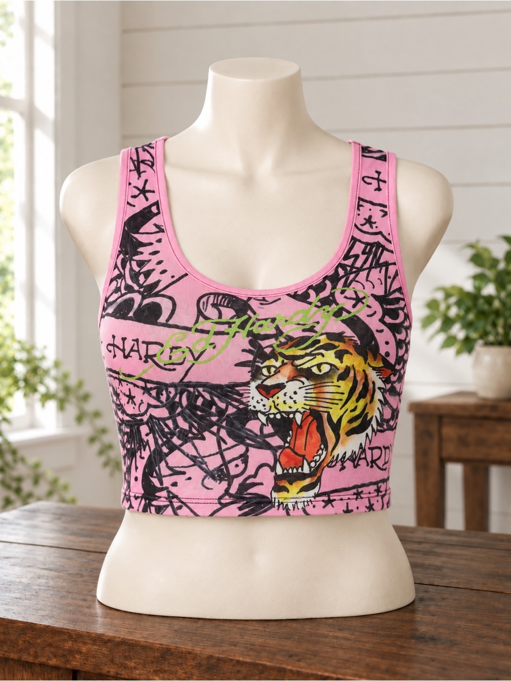 Ed Hardy Pink Tiger Mesh Crop Tank Top Pink & Black XL